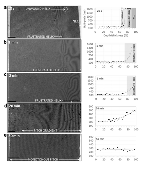 Structural analysis of samples for different annealing times. Transmission electron microscopy transverse views accompanied by the half pitch (distance between two bright stripes) as a function of the normalized depth (). Scale bar = 2 μm.